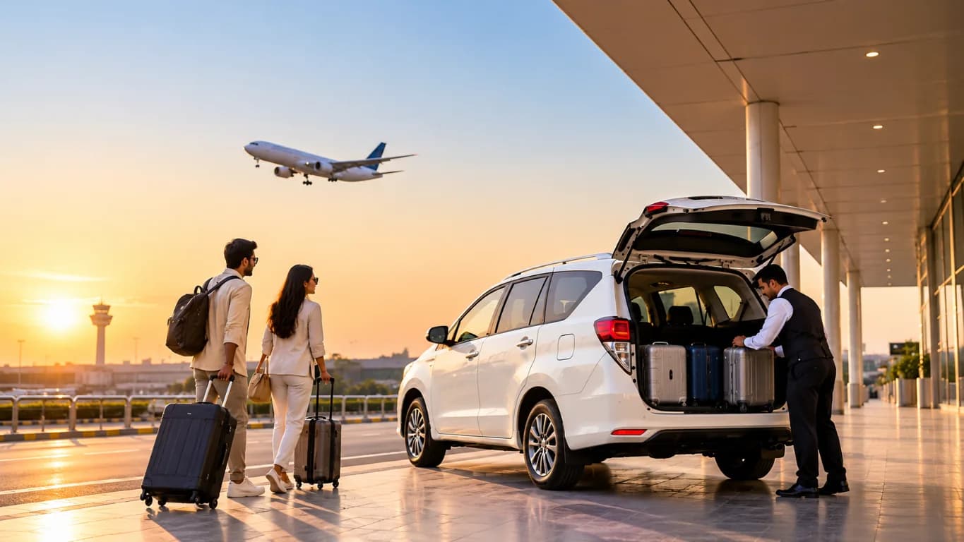 Chauffeur helping travellers with luggage at an airport pickup