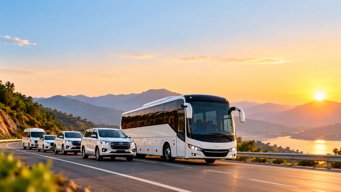 Luxury bus and cars travelling together on a scenic group journey