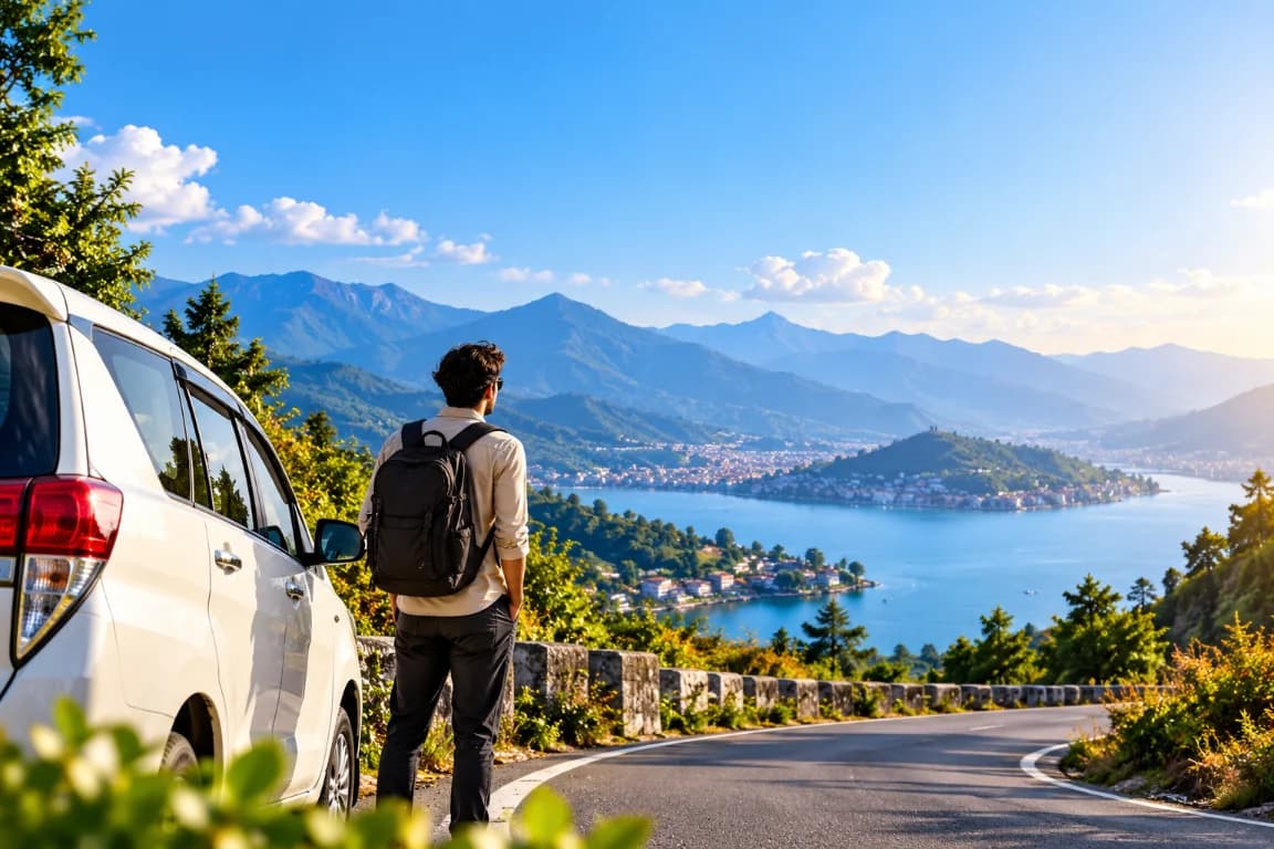 Traveller beside a car overlooking a scenic lake and mountain route