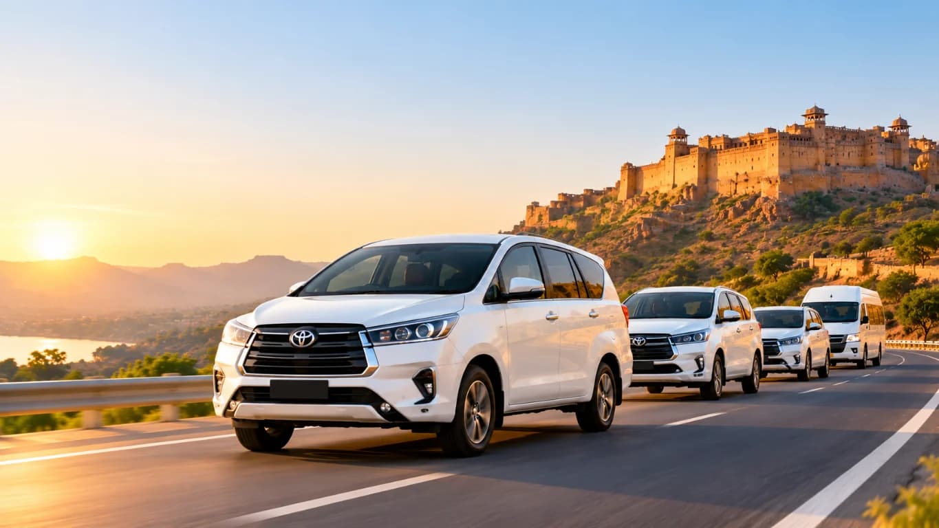 Cars travelling past a historic Rajasthan hill fort at sunset