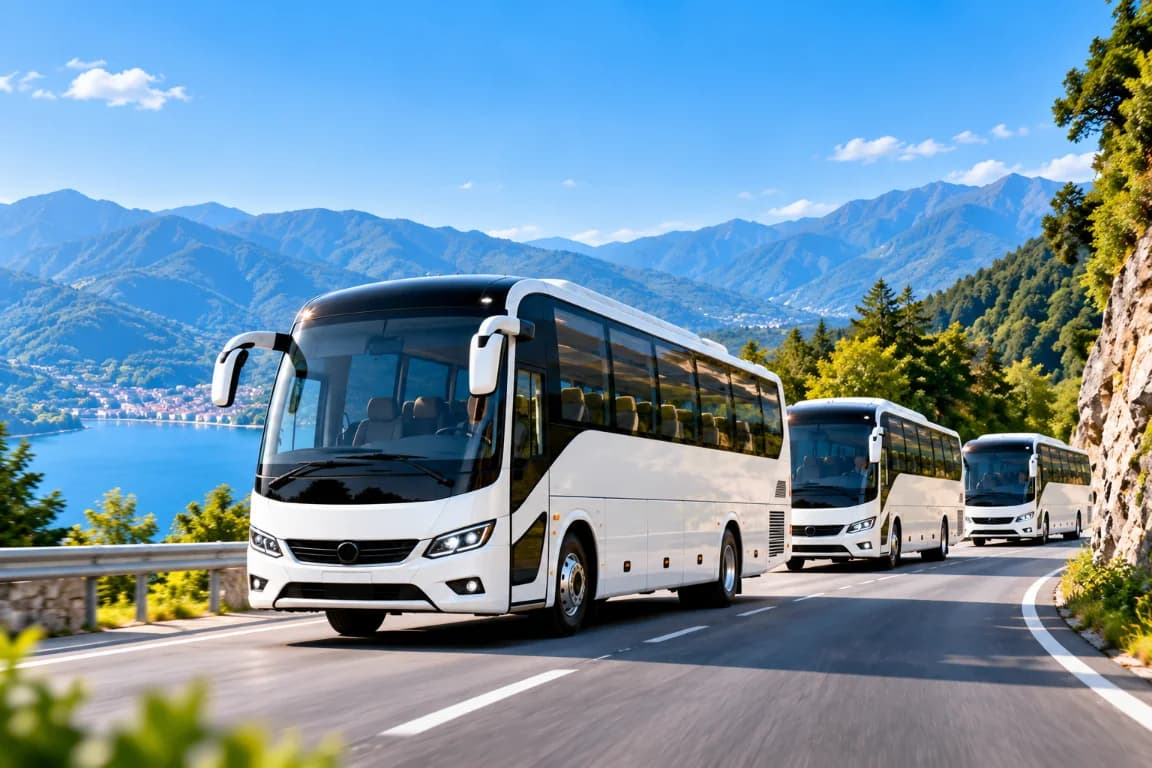Luxury coach and group vehicles travelling along a mountain road
