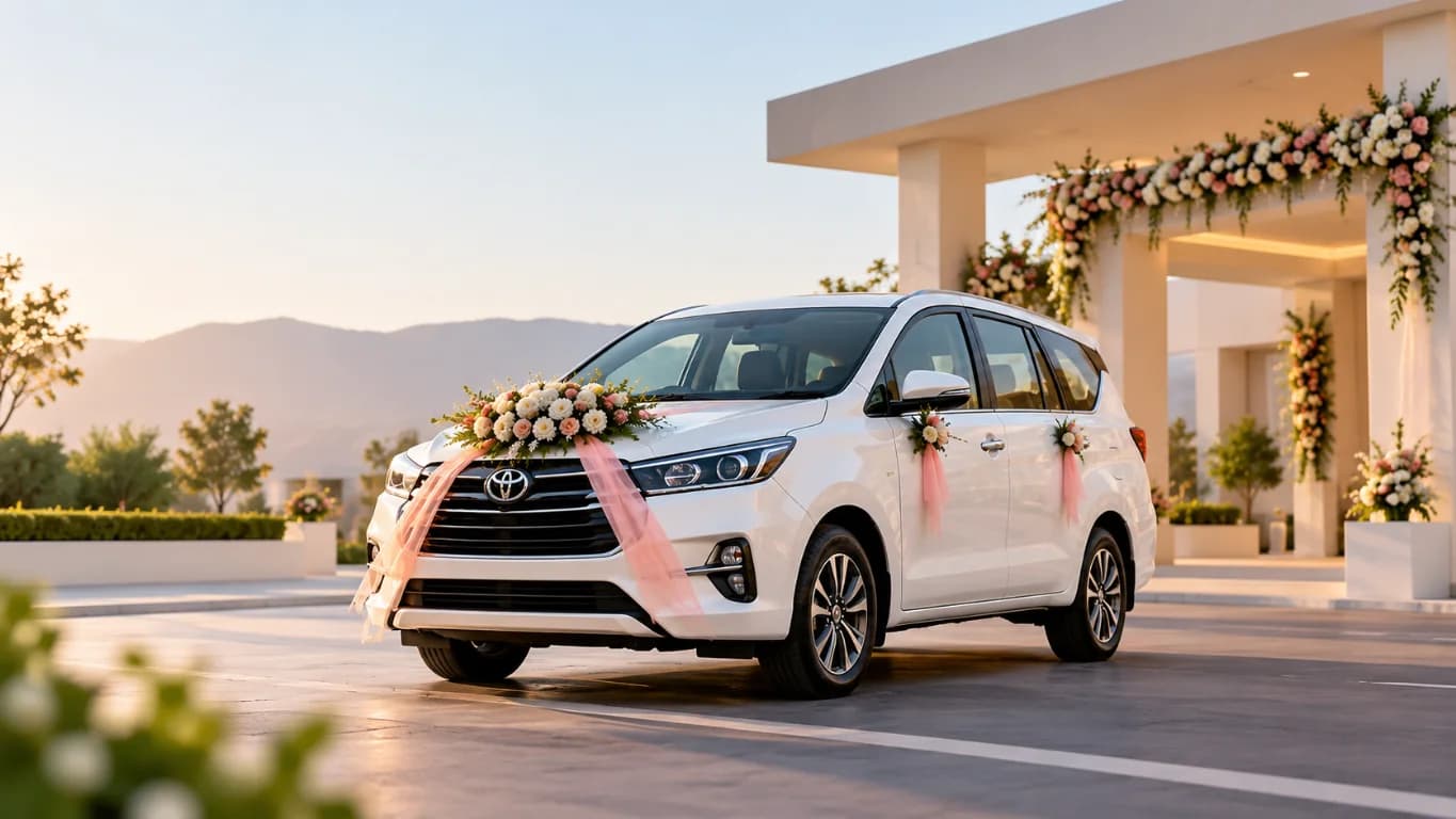 Flower-decorated wedding car ready for a celebration