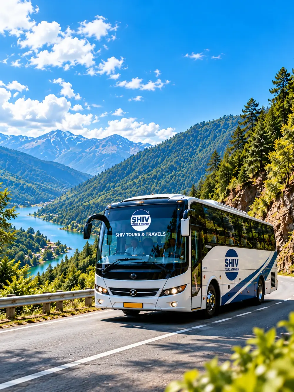 Shiv Tours & Travels luxury bus tour on scenic mountain highway