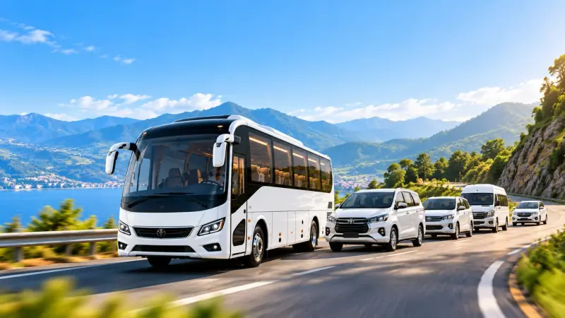 Tour vehicles travelling through a scenic mountain route in Gujarat and Rajasthan